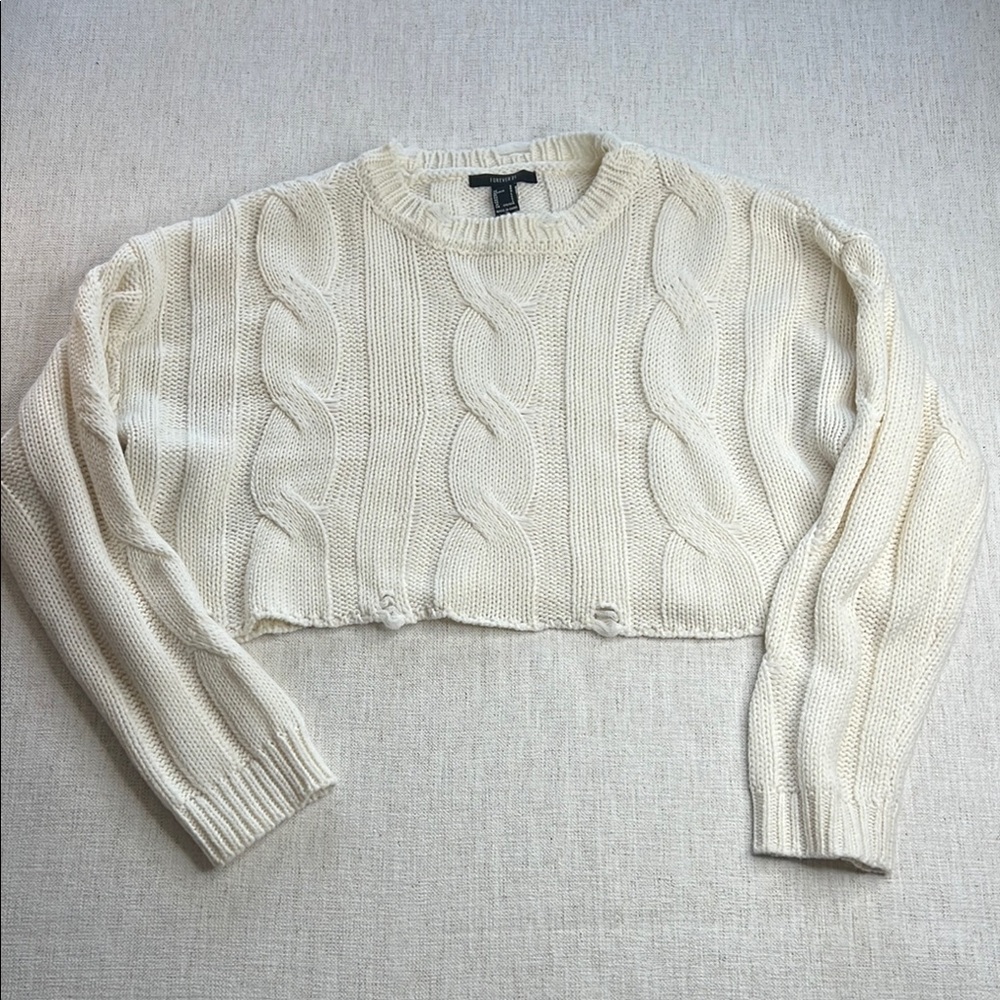 Forever 21 Cream Chopped Crew Neck Sweater with Textured Knit